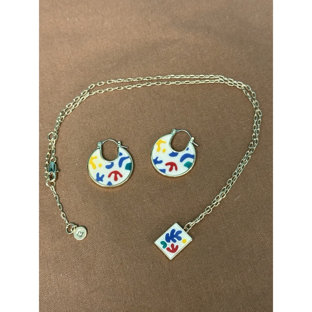 Ana Luisa Gold Plated Enamel Necklace Hoop Earrings Set Abstract Modern Art Lux